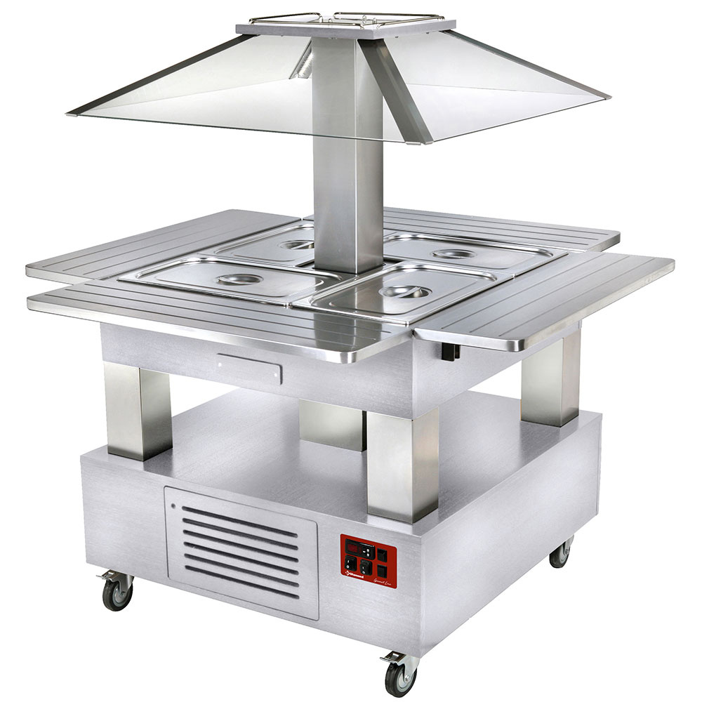 CBM/4D-A1_KM Ilot buffet chauffant, bain marie, coupole motorisé, 4x GN1/1-150 (Bois Blanc)