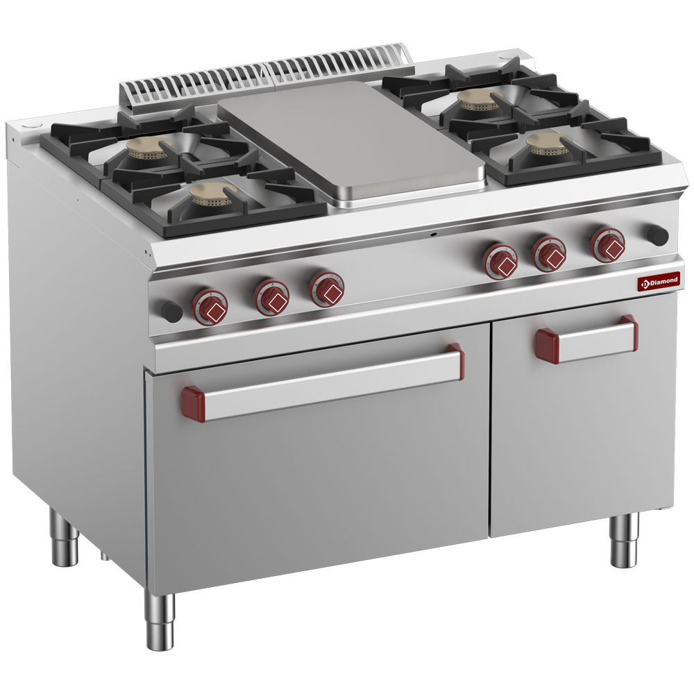 G7/TM4BFA11-N Fourneau 4 feux vifs, plaque à mijoter, four gaz GN 2/1, armoire GN 1/1