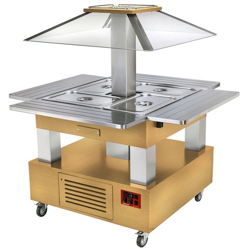 [12709] CBM/4D-D1_KM Ilot buffet chauffant, bain marie, coupole motorisé, 4x GN1/1-150 (Bois Clair)