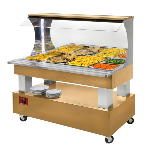 [12740] ABM/4N-D1 Buffet chauffant mural, bain marie, 4x GN1/1-150 (Bois Chêne clair)